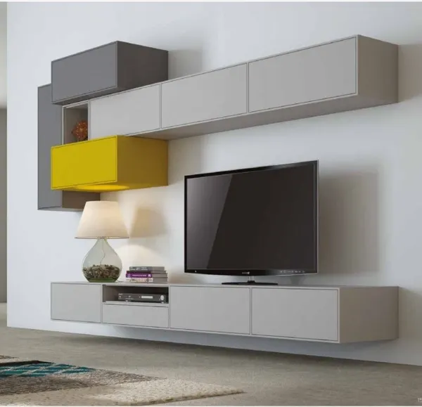Composición modular de salón con módulos en gris y amarillo